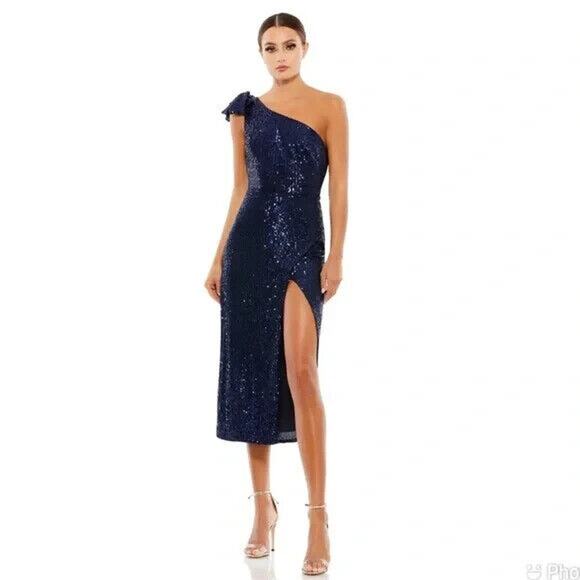 Mac Duggal SEQUINED ONE‎ SHOULDER BOW MIDI DRESS BLUE 26689 - Picture 1 of 7